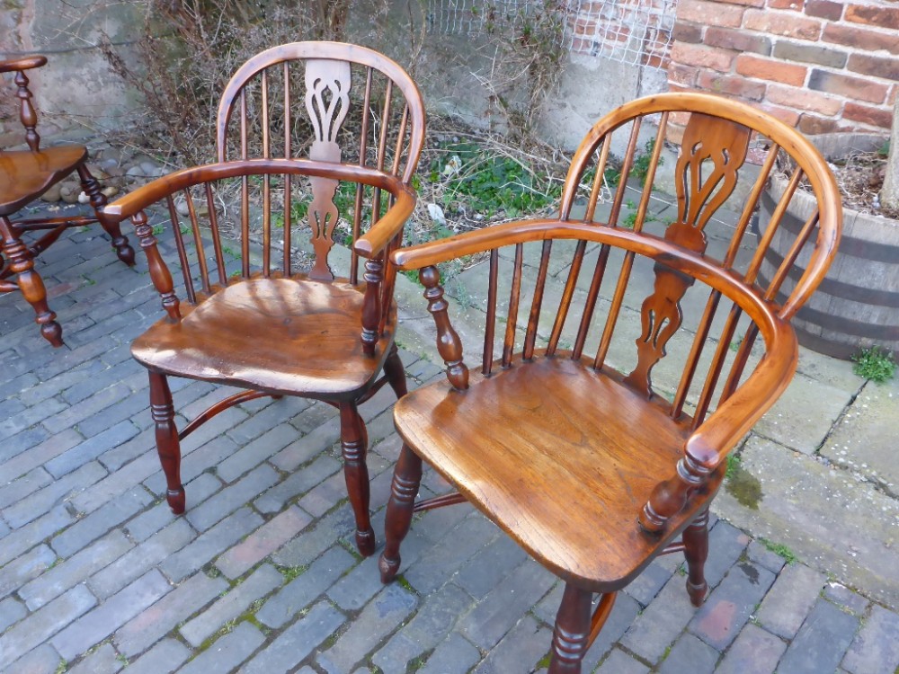Antique Yew Wood Windsor Armchairs near Pair