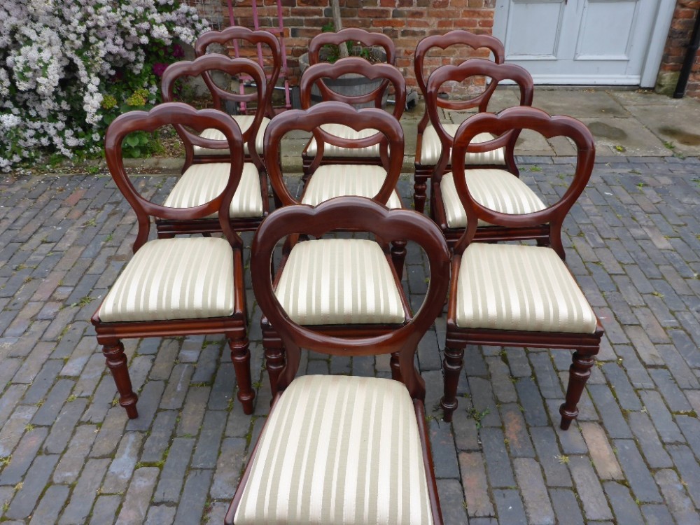 Good Set of 10 Victorian Mahogany Balloon Back Dining Chairs