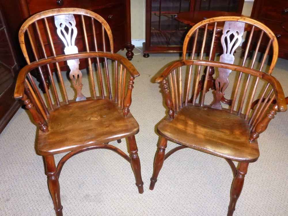 Matching Pair of Yew Wood Windsor Armchairs