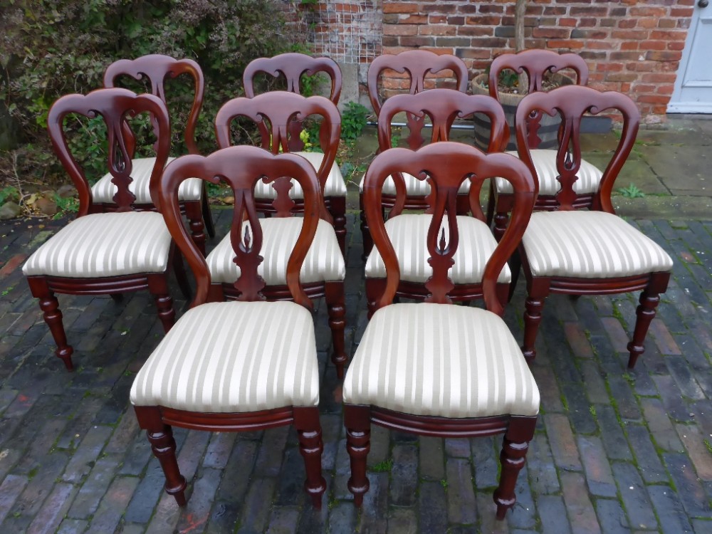 A Good Set of 10 Victorian Spear point Balloon Back Dining Chairs