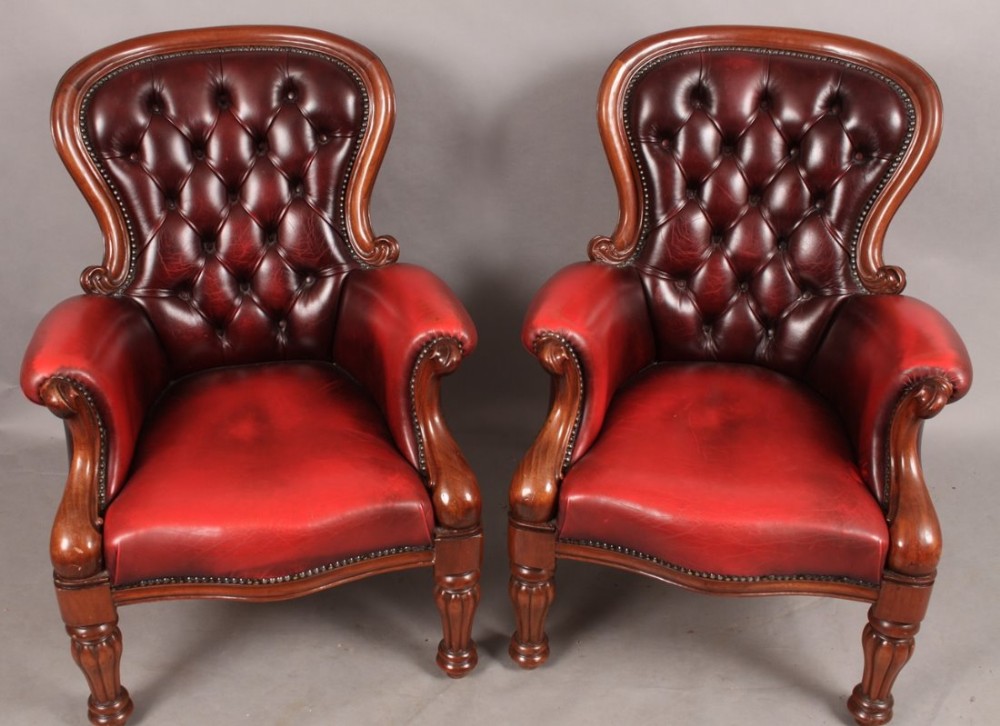 A Good Pair of Gentlemans Library Armchairs Burgundy Leather