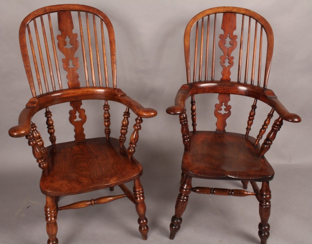 Near pair of Victorian broad arm Windsor chairs
