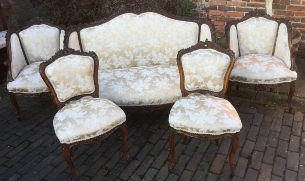 Superb French 5 Piece Salon Suite Walnut Frame