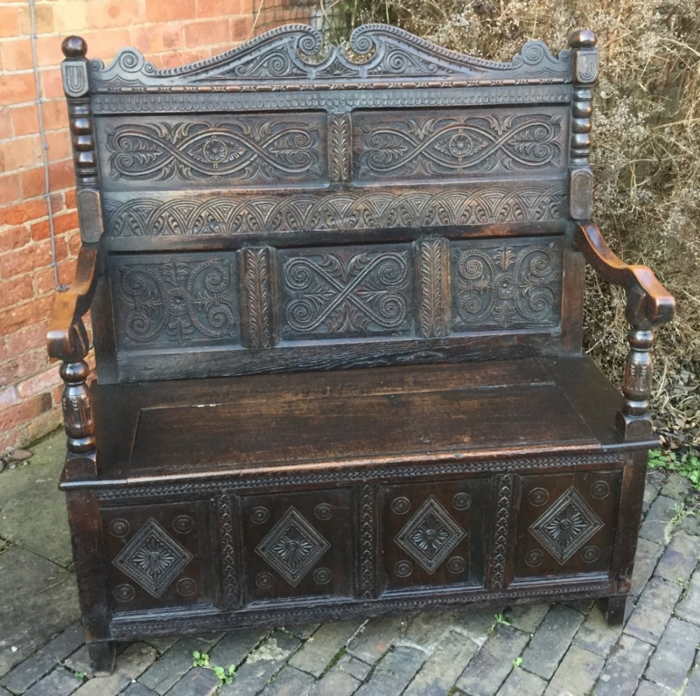 Victorian Carved Oak Box Settle/Monks Bench