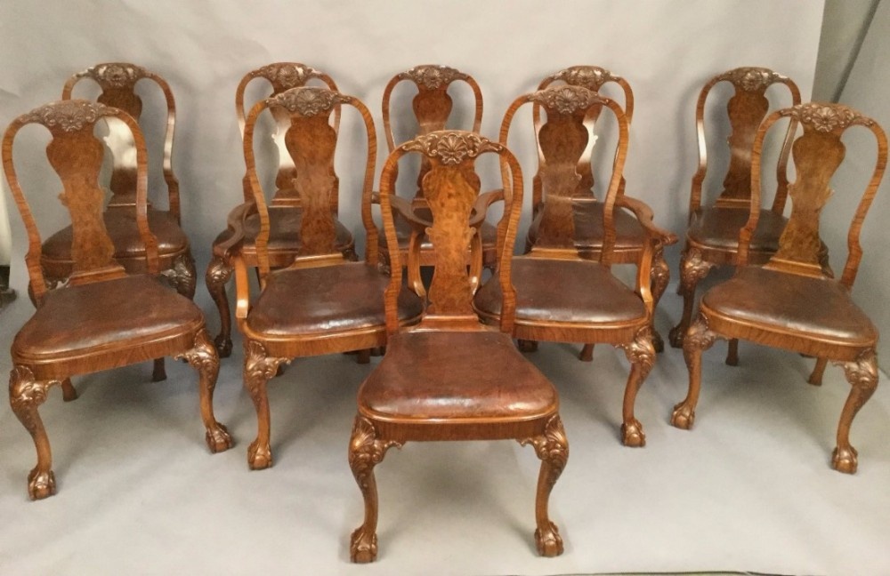 Super set of 10 Queen Ann style dining chairs in Walnut