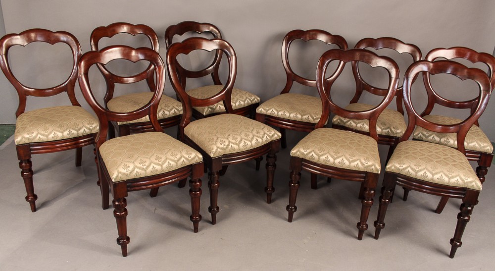 Set of 10 Victorian Mahogany Balloon Back Dining Chairs