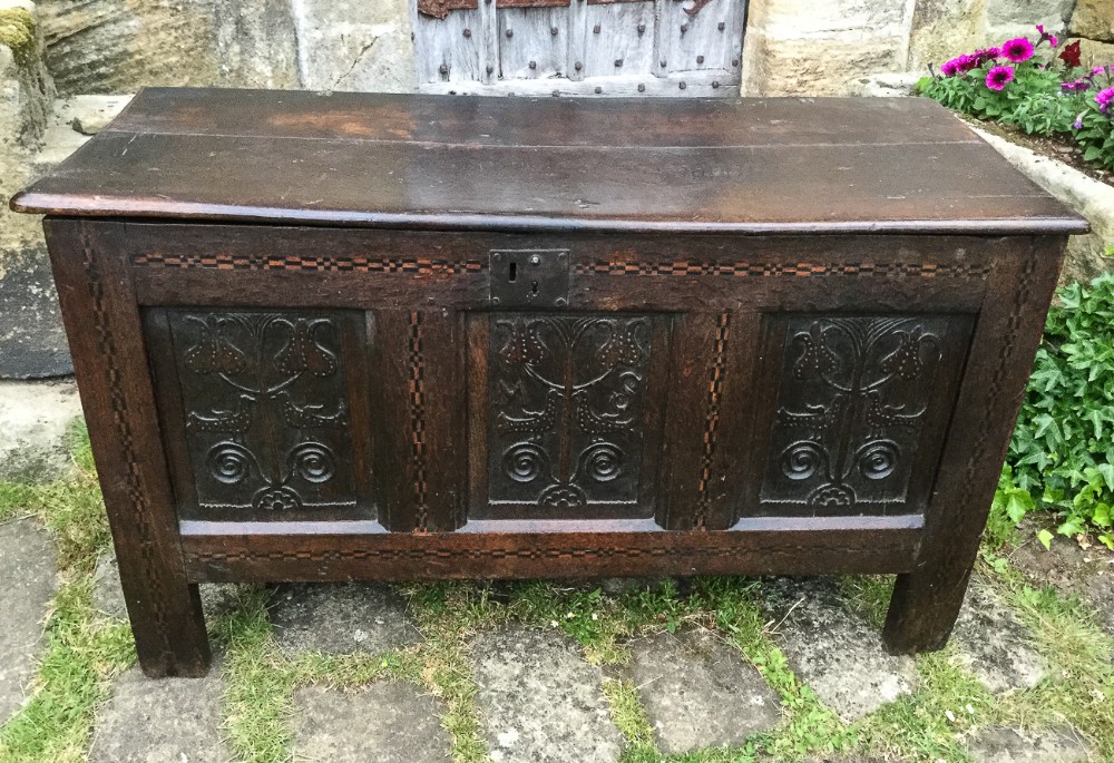 Oak Coffer inlaid with initials MS 