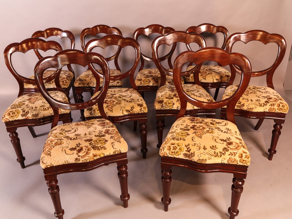 A Good Set of 10 Victorian Mahogany Balloon Back Dining Chairs