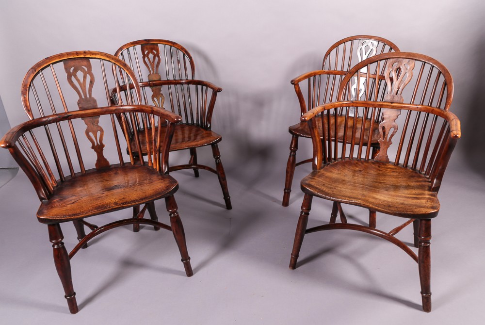 Rare Near Set of 4 Yew Wood Windsor Chairs William Wheatland Retford