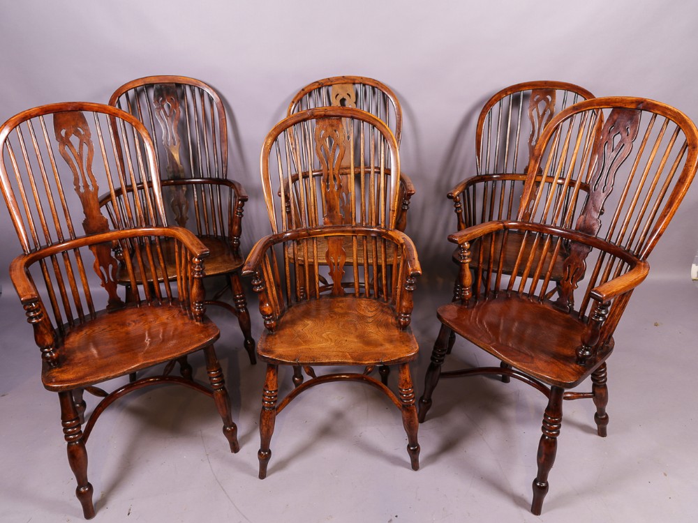 A Near Matching Set of 6 Yew Tree Windsor Chairs High back
