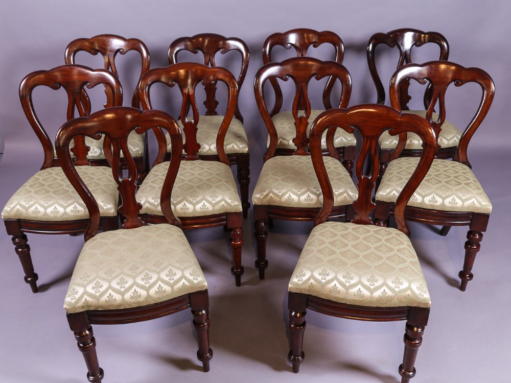 Set of 10 Victorian Mahogany Balloon Back Dining Chairs