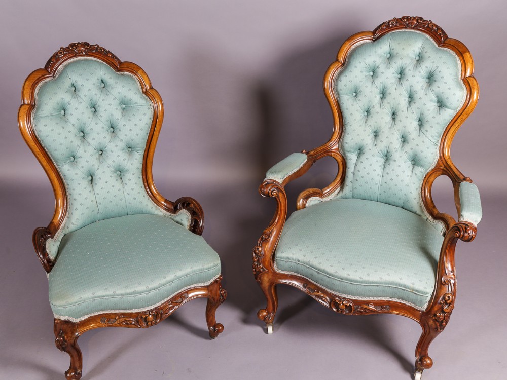 Pair of Victorian Walnut Ladies and Gents Chairs