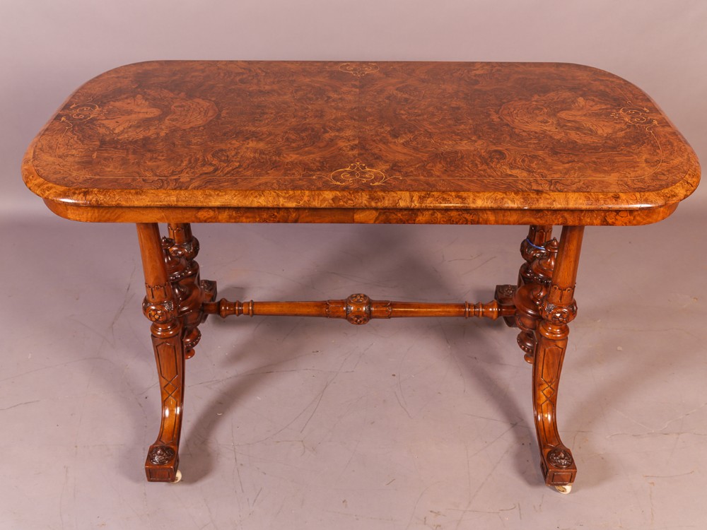 Quality Victorian Stretcher Table in Burr Walnut