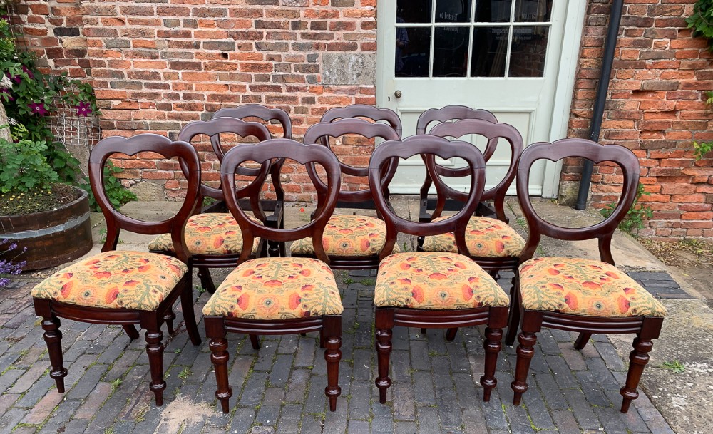 A Set of 10 Victorian Mahogany Balloon Back Dining Chairs c1860
