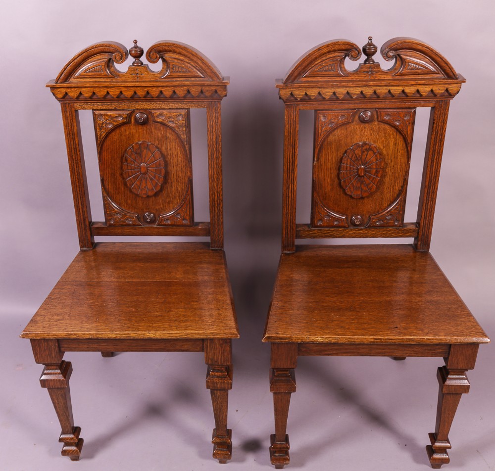 Pair of Victorian Oak Hall Chairs