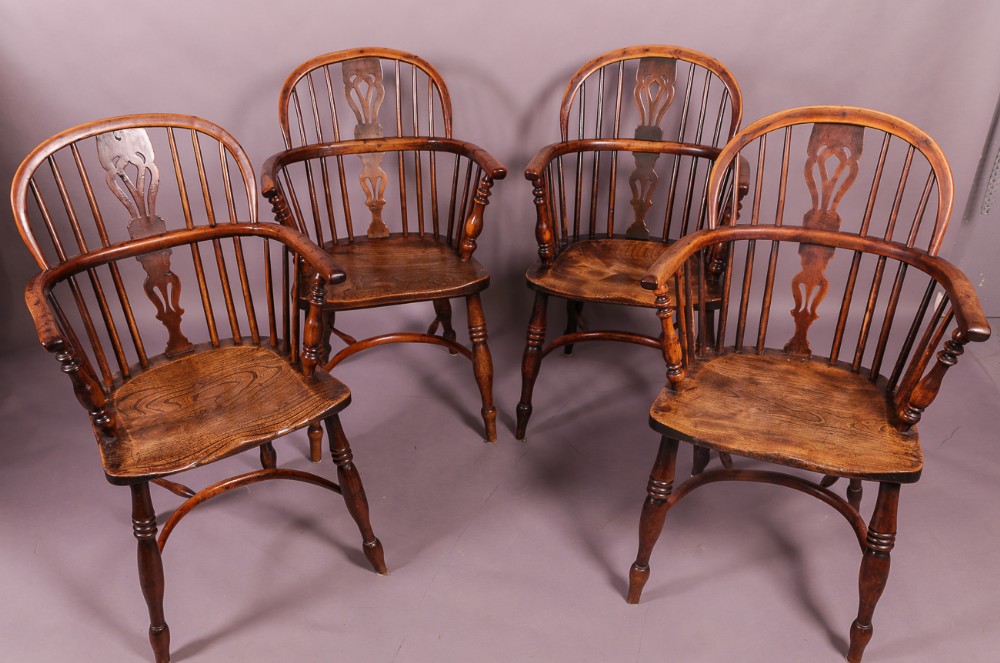 A Set of 4 Yew Wood Low Windsor Chairs 