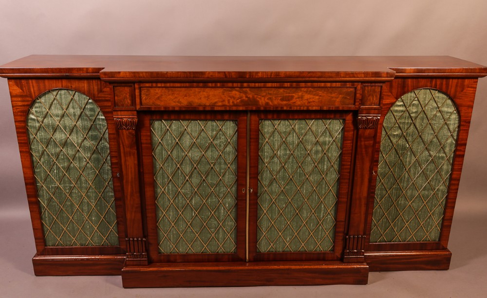19th century 4 door breakfront pier cabinet brass grills silk