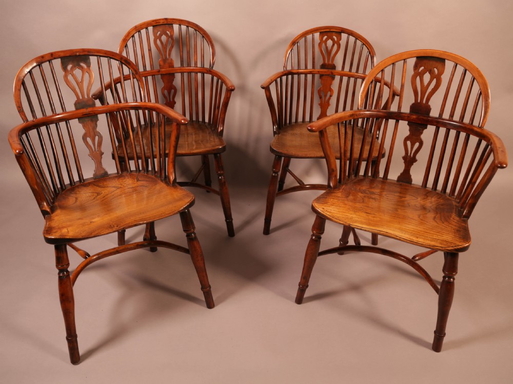 A Rare set of 4 Yew Wood Windsor Chairs Wheatland Retford