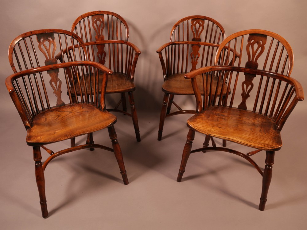 A Rare set of 4 Yew Wood Windsor Chairs Wheatland Retford View II