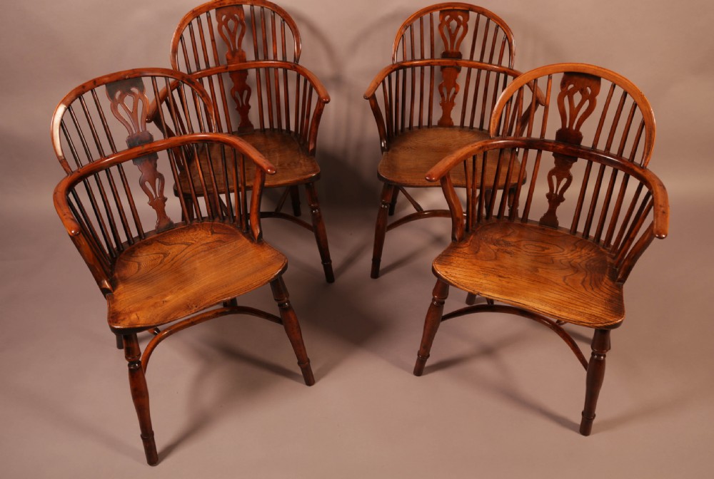 A Rare set of 4 Yew Wood Windsor Chairs Wheatland Retford View III