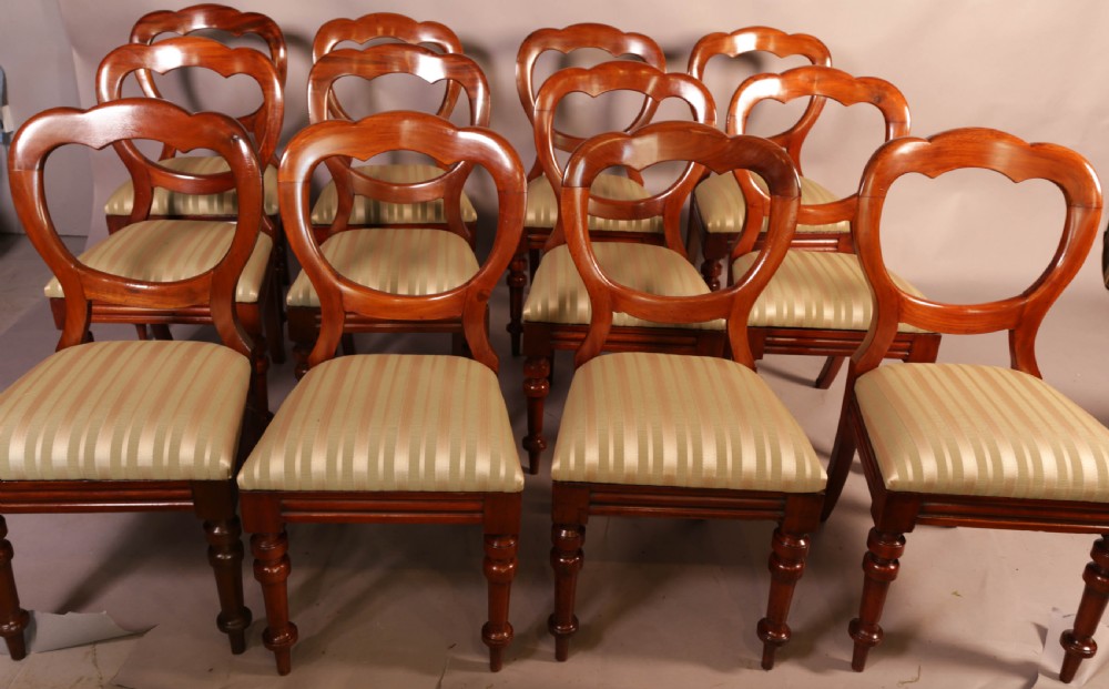 A Good Set of 12 Victorian Mahogany Balloon Back dining Chairs View XII