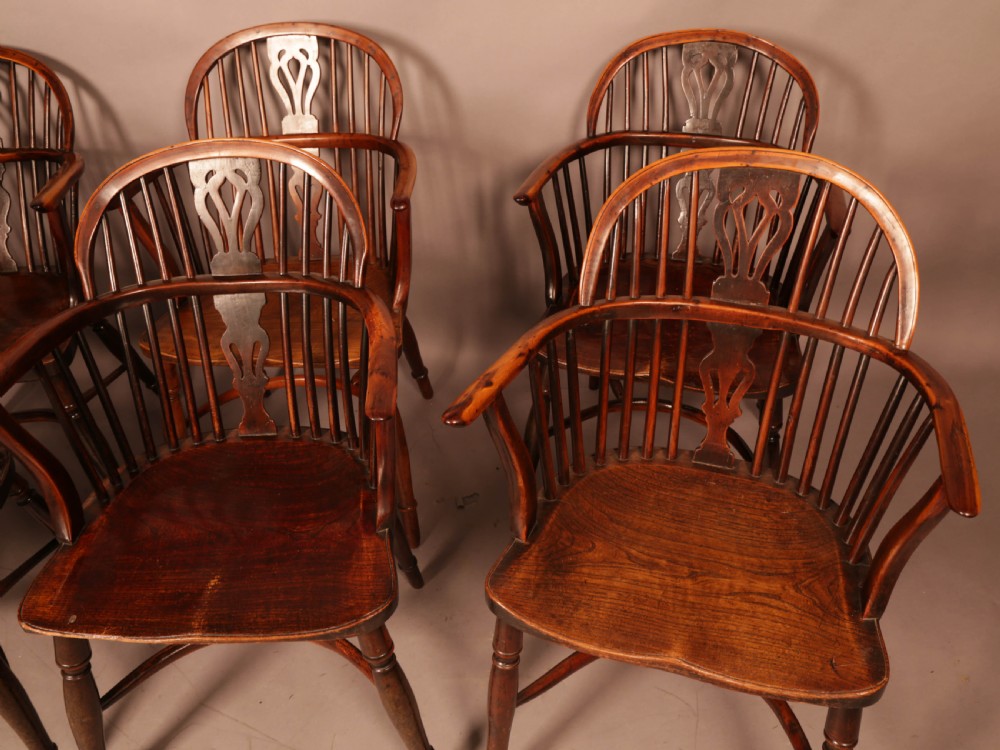 Very Rare Set of 8 Yew Wood Windsor chairs William Wheatland Retford View II