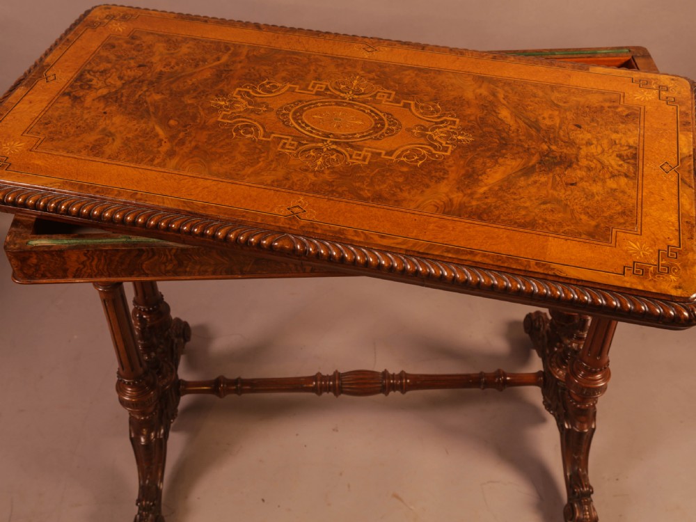 A Super Quality Victorian Burr Walnut and Marquetry Games Table View IX
