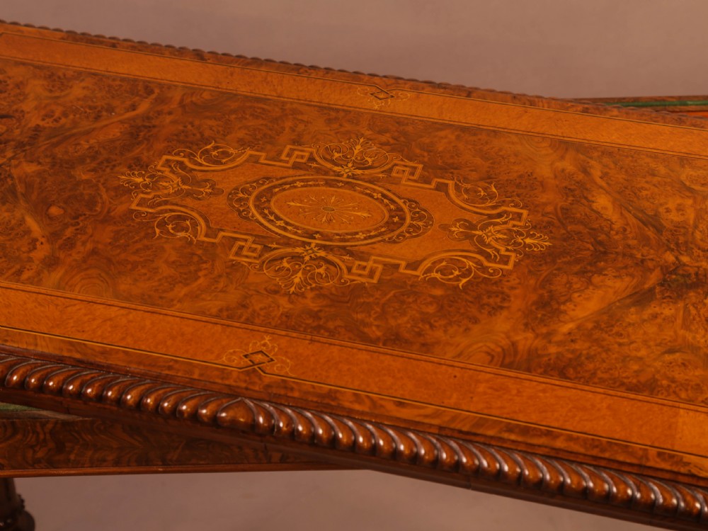 A Super Quality Victorian Burr Walnut and Marquetry Games Table View X