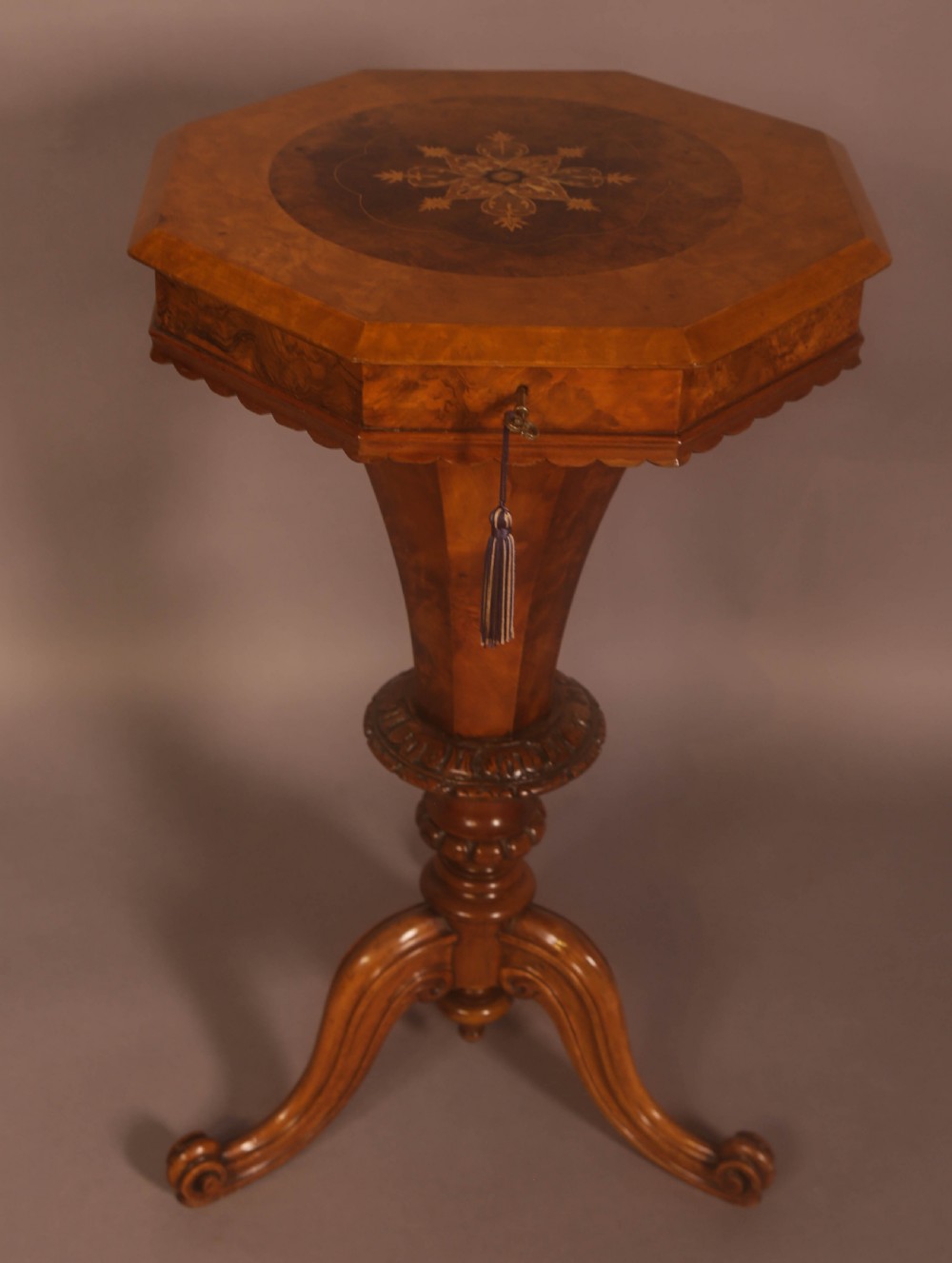 A Victorian Hexagonal Ladies Sewing Table in Figured Walnut View II