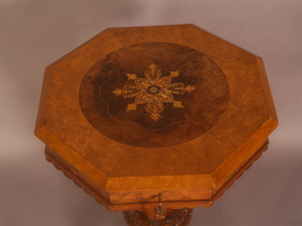 A Victorian Hexagonal Ladies Sewing Table in Figured Walnut View V