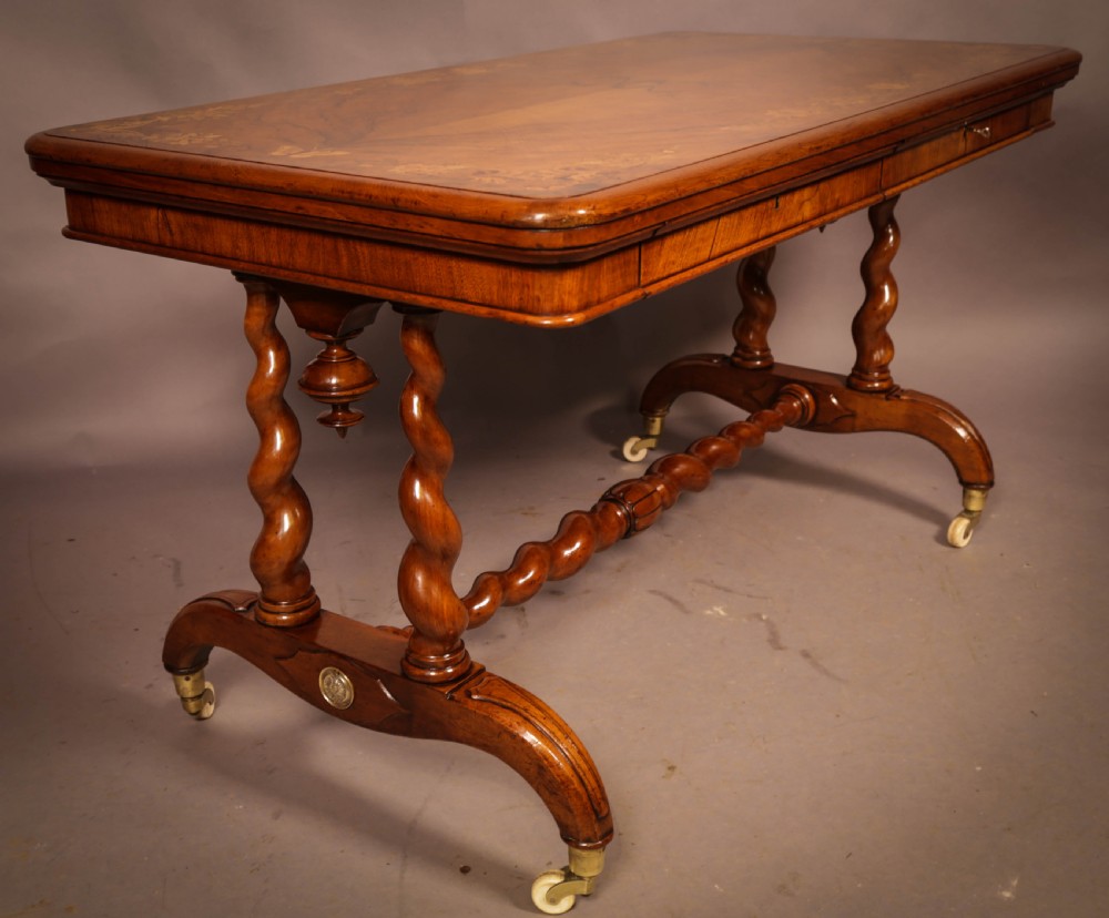 A Victorian Burr Walnut Library Table Inlaid View XI