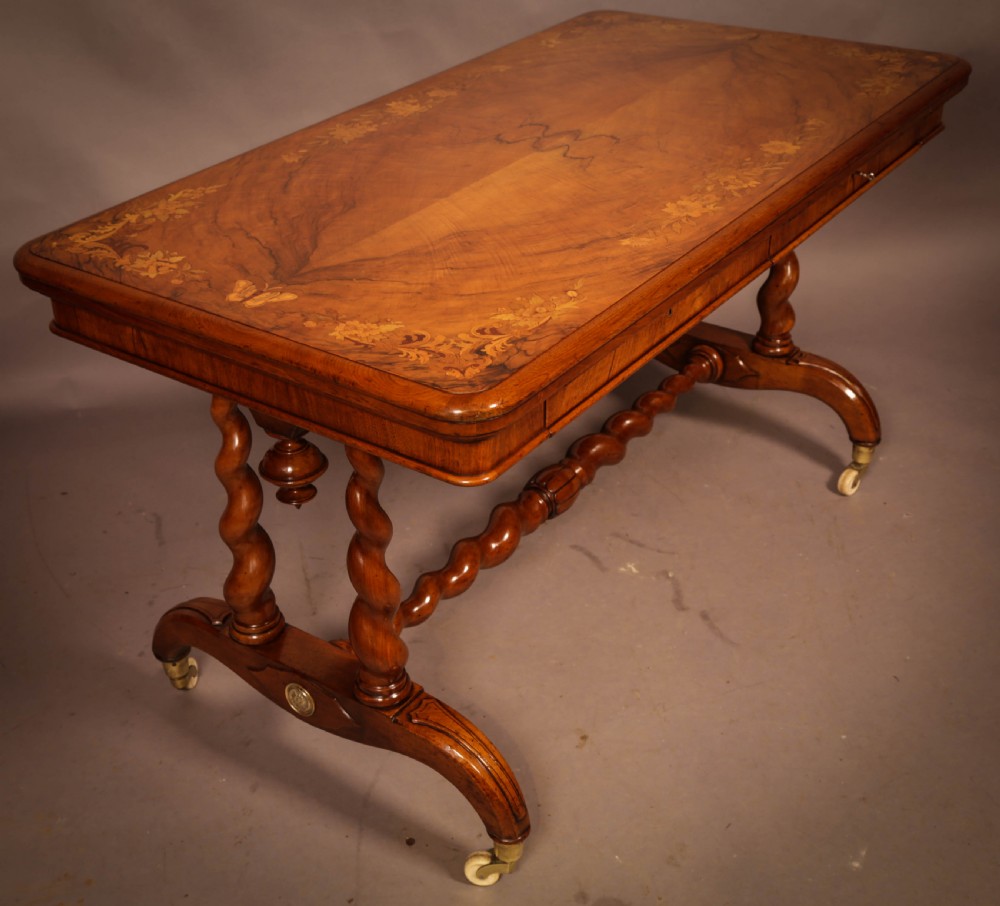 A Victorian Burr Walnut Library Table Inlaid View XII