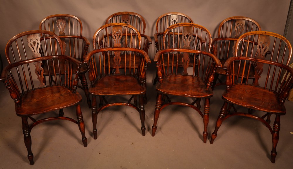A Rare set of 8 Yew Wood Windsor Chairs Rockley Maker