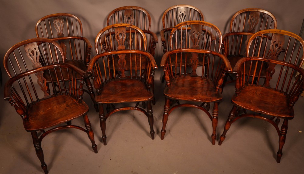 A Rare set of 8 Yew Wood Windsor Chairs Rockley Maker View II
