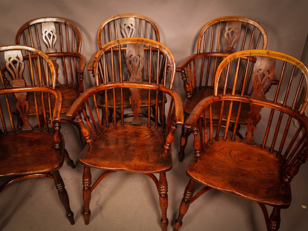 A Rare set of 8 Yew Wood Windsor Chairs Rockley Maker View III