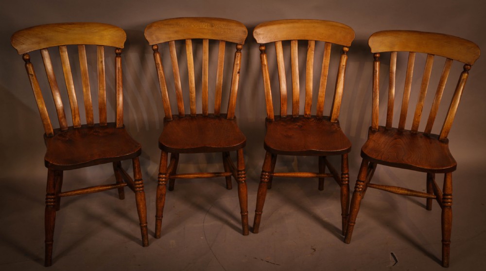 A set of 4 lath back Kitchen chairs 19th century