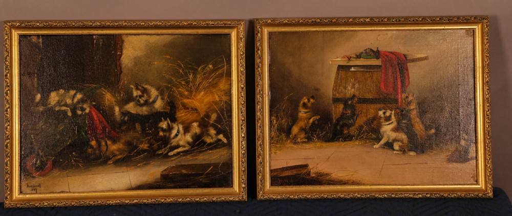 A Lovely Pair of Terrier Oil Painings signed