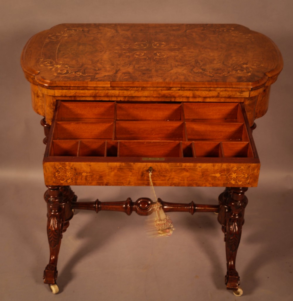 Good Victorian Sewing Games Table in Burr Walnut View II