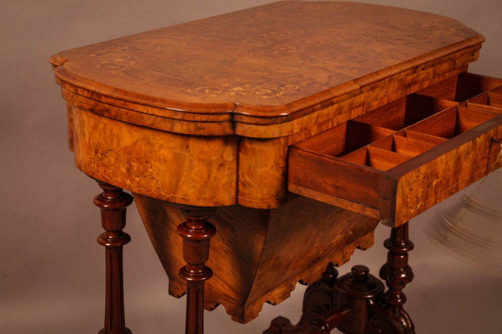 Good Victorian Sewing Games Table in Burr Walnut View XI