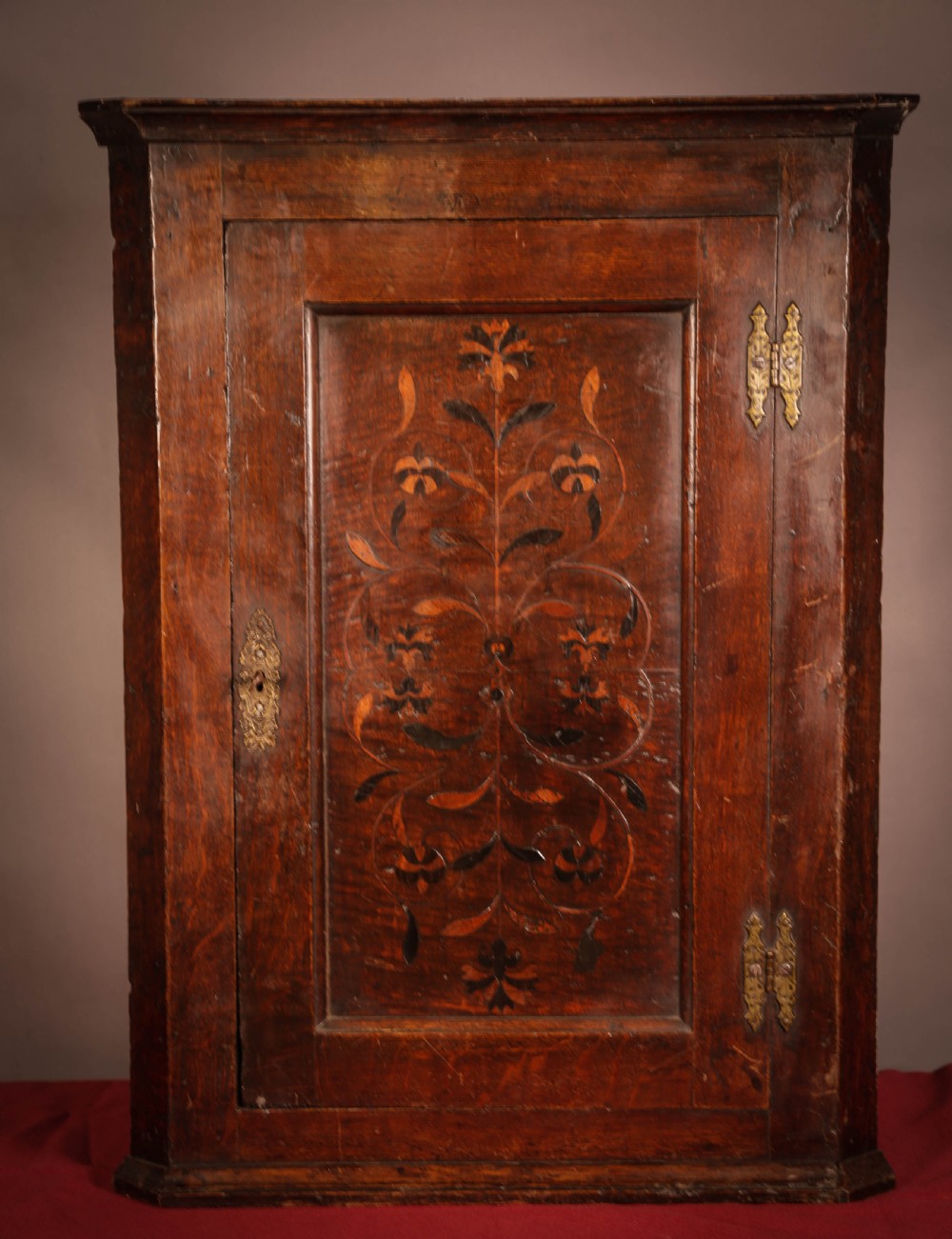 Early Oak Corner Cupboard Inlaid Front