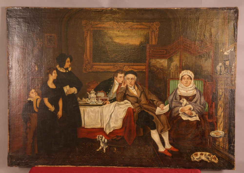 A large dark oil painting on canvas depicting a group of people in an interior domestic setting.