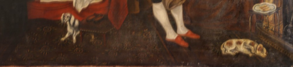 A large dark oil painting on canvas depicting a group of people in an interior domestic setting. View VI