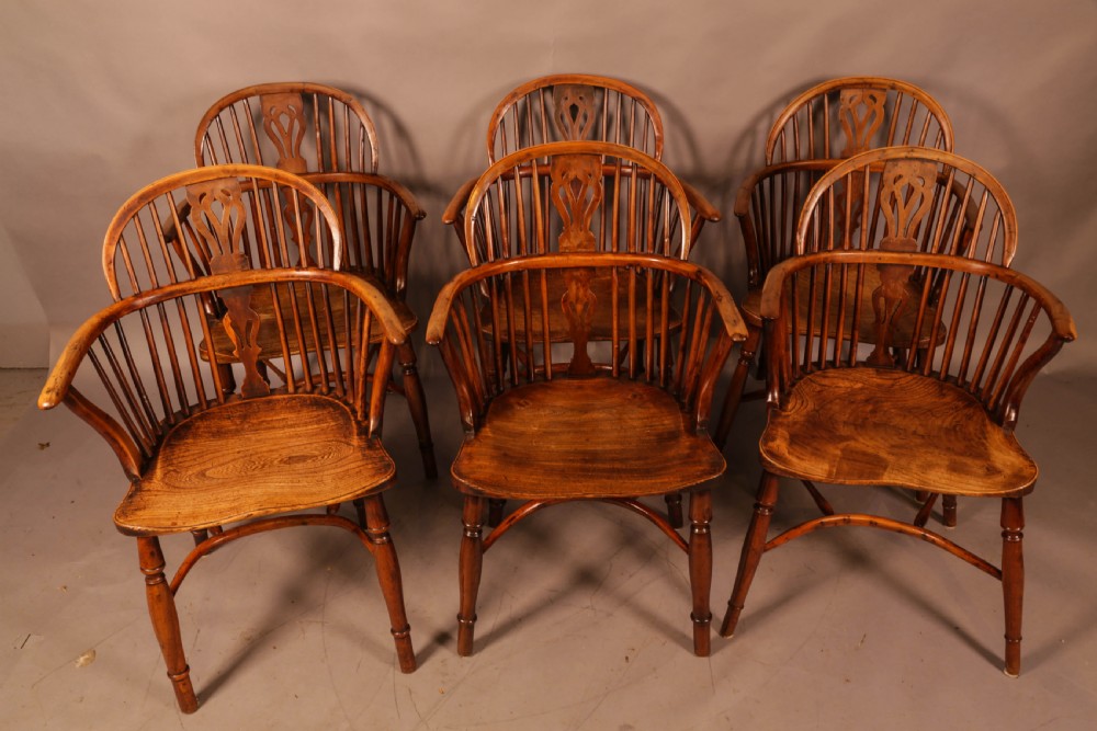 A Rare set of 6 Yew Wood Windsor chairs Retford Maker William Wheatland