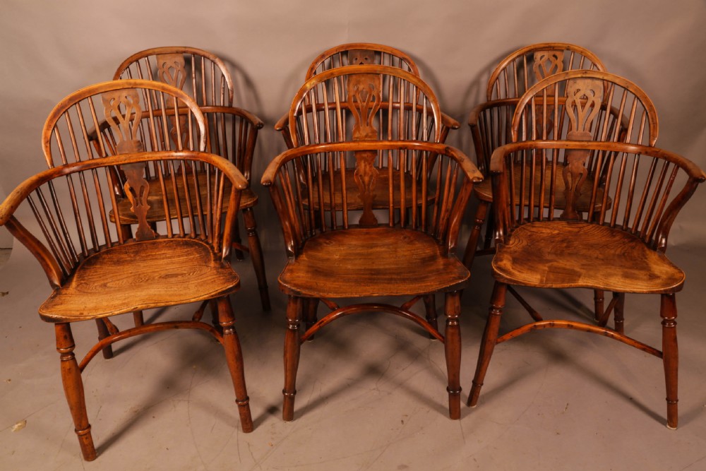 A Rare set of 6 Yew Wood Windsor chairs Retford Maker William Wheatland View II