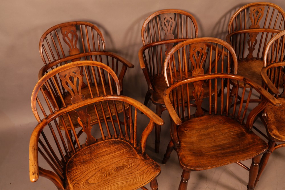 A Rare set of 6 Yew Wood Windsor chairs Retford Maker William Wheatland View III