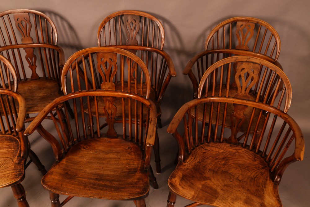 A Rare set of 6 Yew Wood Windsor chairs Retford Maker William Wheatland View IV