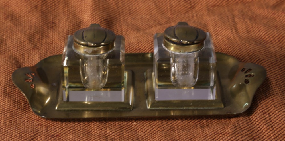 An Art Neuvaux Brass and Glass ink Well View V