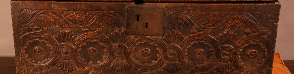 A 17th century Deed Box in Oak Carved View II