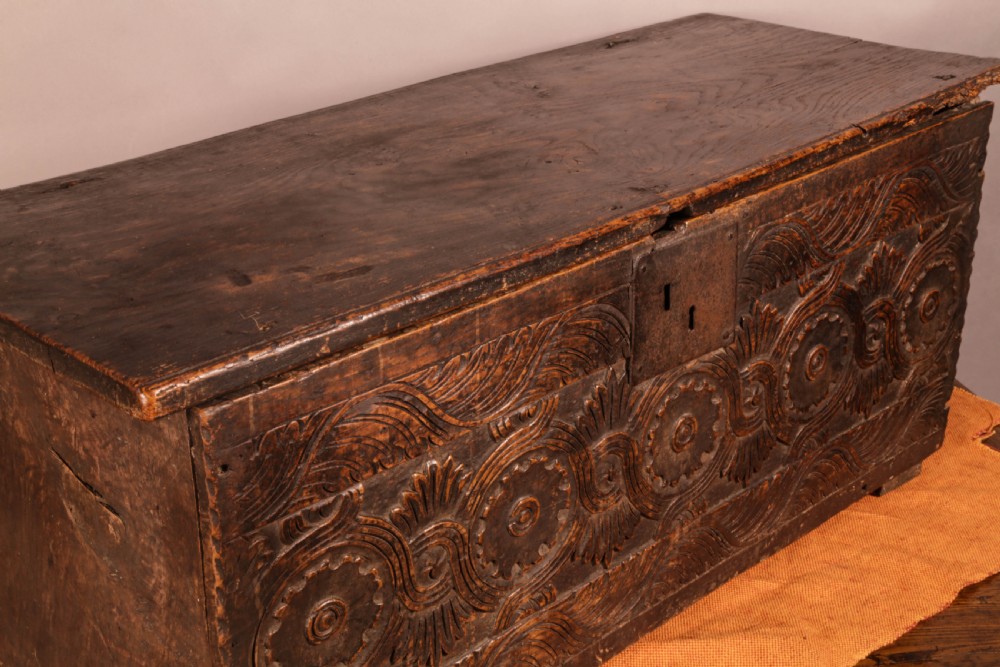 A 17th century Deed Box in Oak Carved View V
