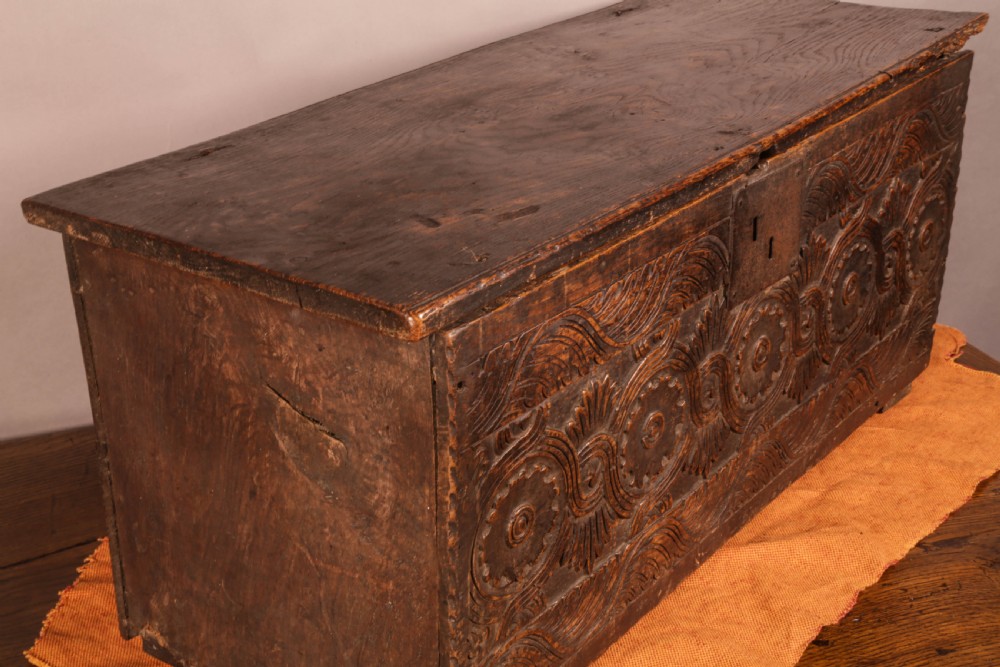 A 17th century Deed Box in Oak Carved View VIII